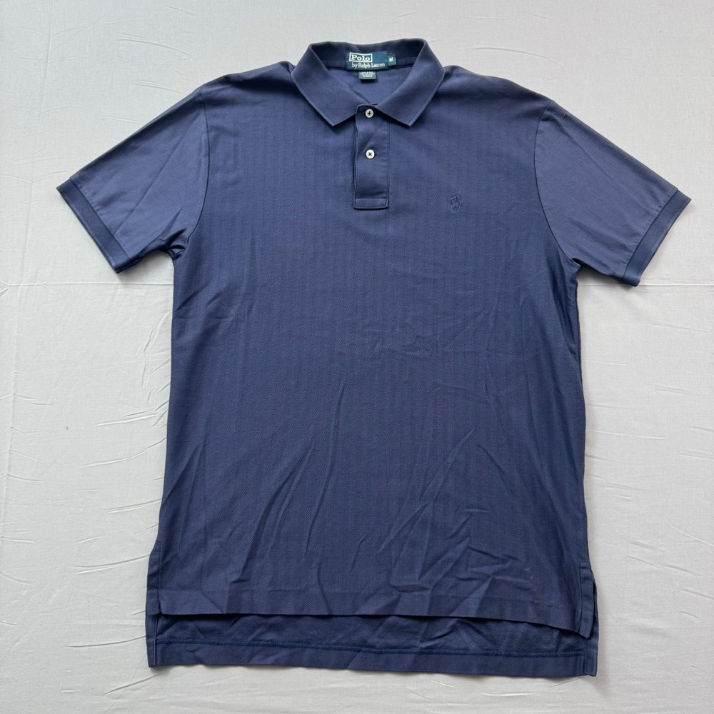 Polo Ralph Lauren Mens Medium Navy Blue Pima Cotton Herringbone Polo Shirt